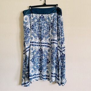 Ashley Stewart midi long skirt 22/24 3X faux wrap blue floral chambray waist